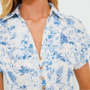 En Saison Blue and White Button Down Midi Dress with Cap Sleeves